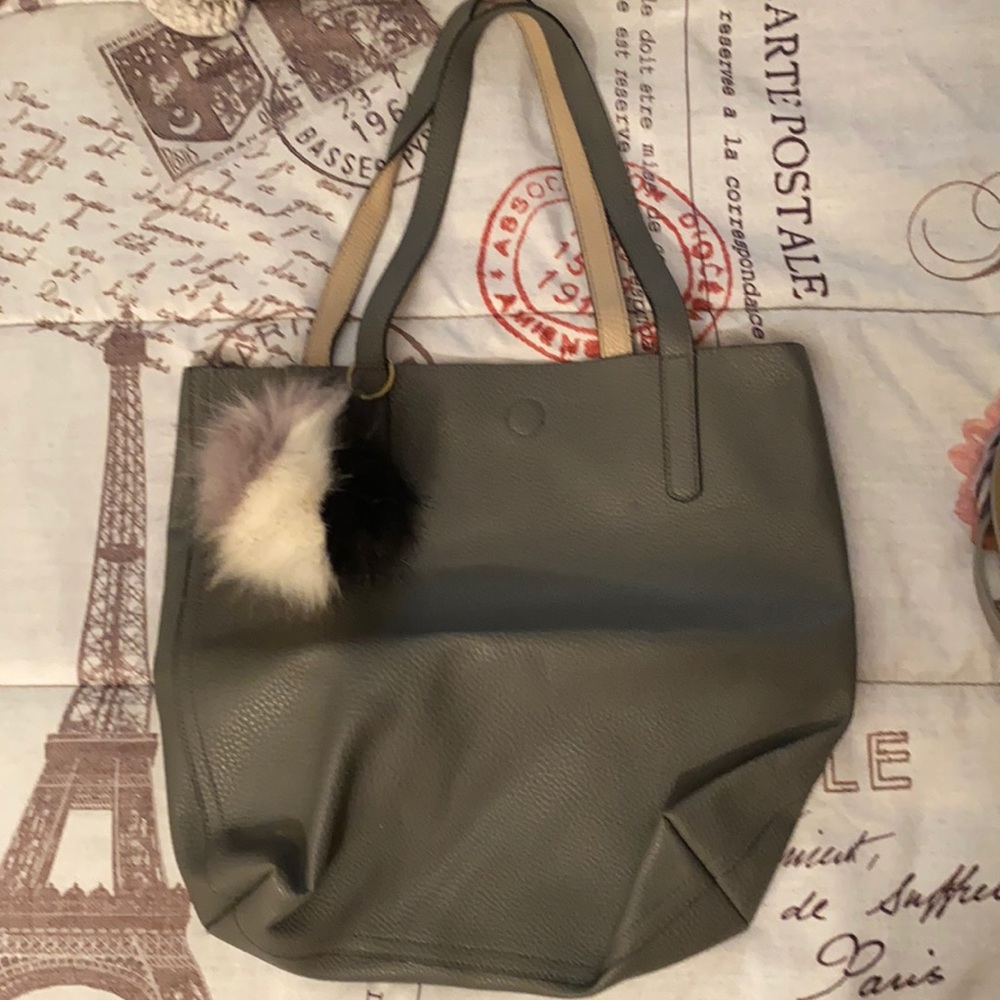 Reversible Cream and Gray Bag with Puff Ball